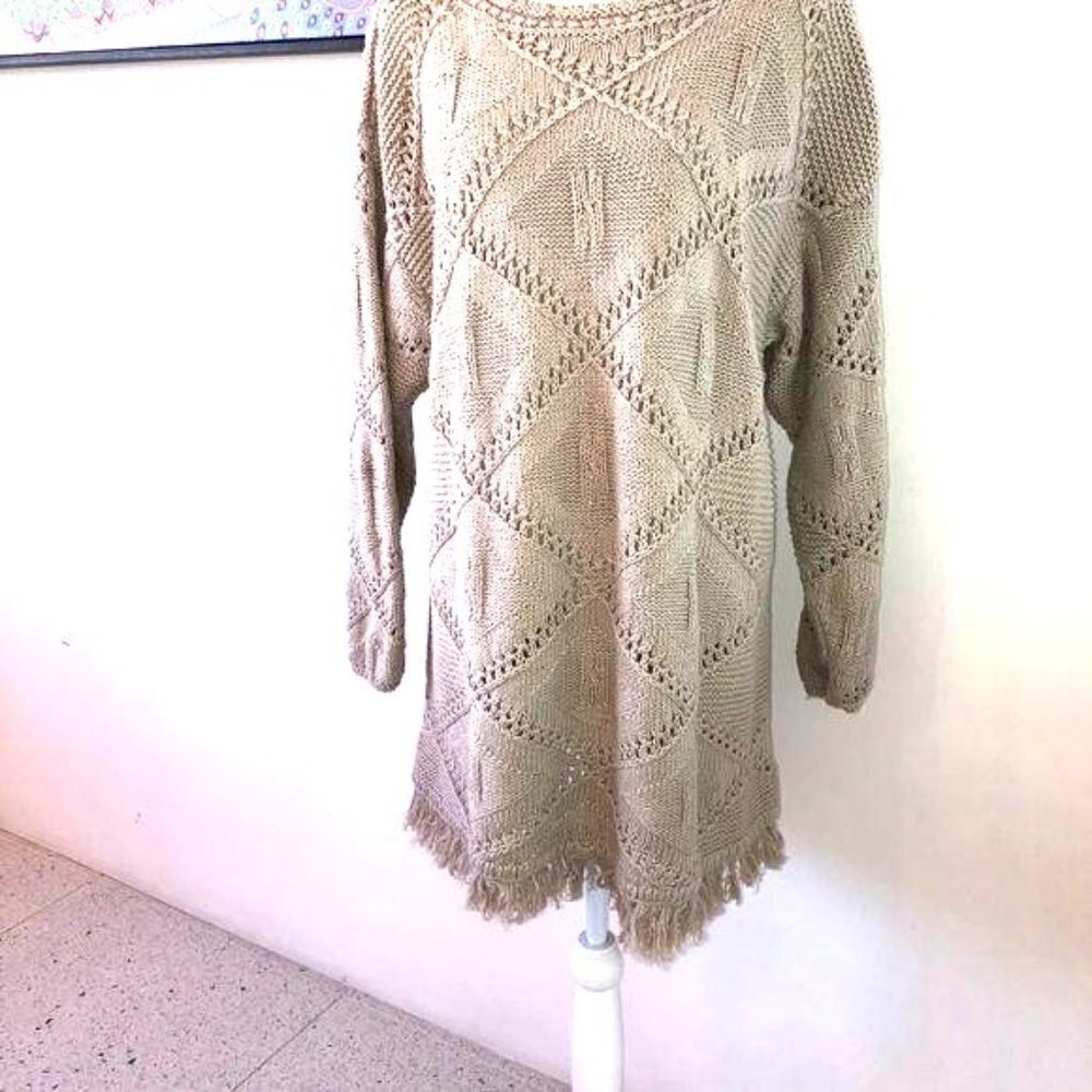 Yarnworks Handknit Dress Womens Size XL Tan Cotton Ramie Fringe Vintage Bohemian - Picture 9 of 10